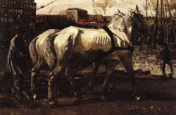 George-Hendrik Breitner Two White Horses Pulling Posts in Amsterdam Sweden oil painting art